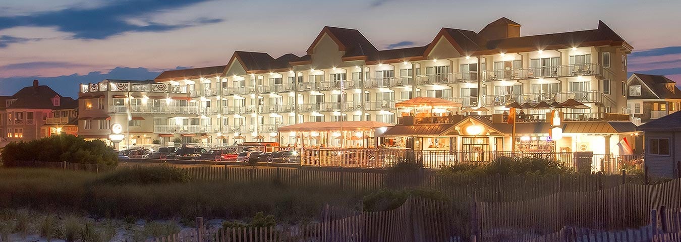 Montreal Beach Resort lit up at dusk