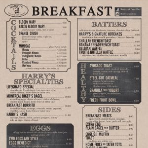 Breakfast Menu at Harrys Restaurant