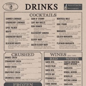 Drinks Menu at Harrys Cape May Bar